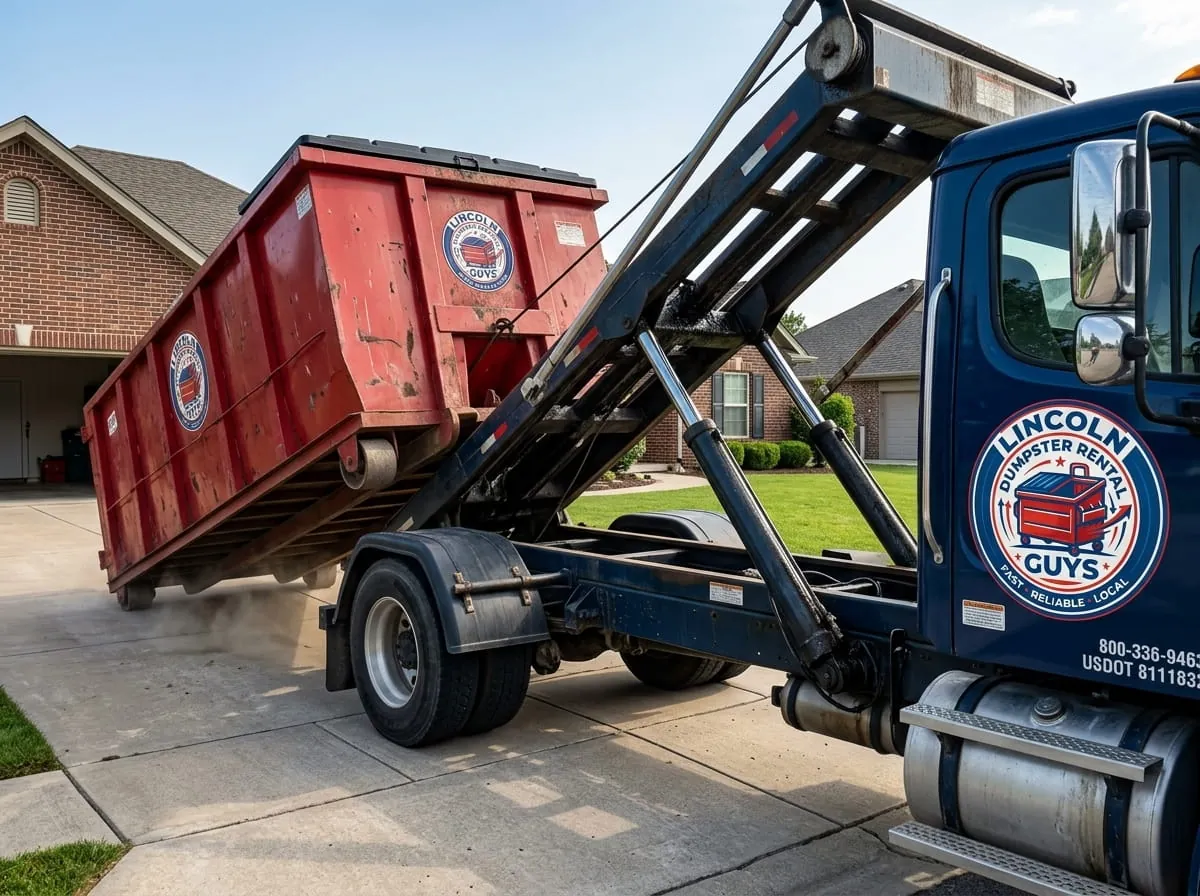 Lincoln Dumpster Rental Guys fleet of roll-off dumpsters and trucks in Lincoln, NE