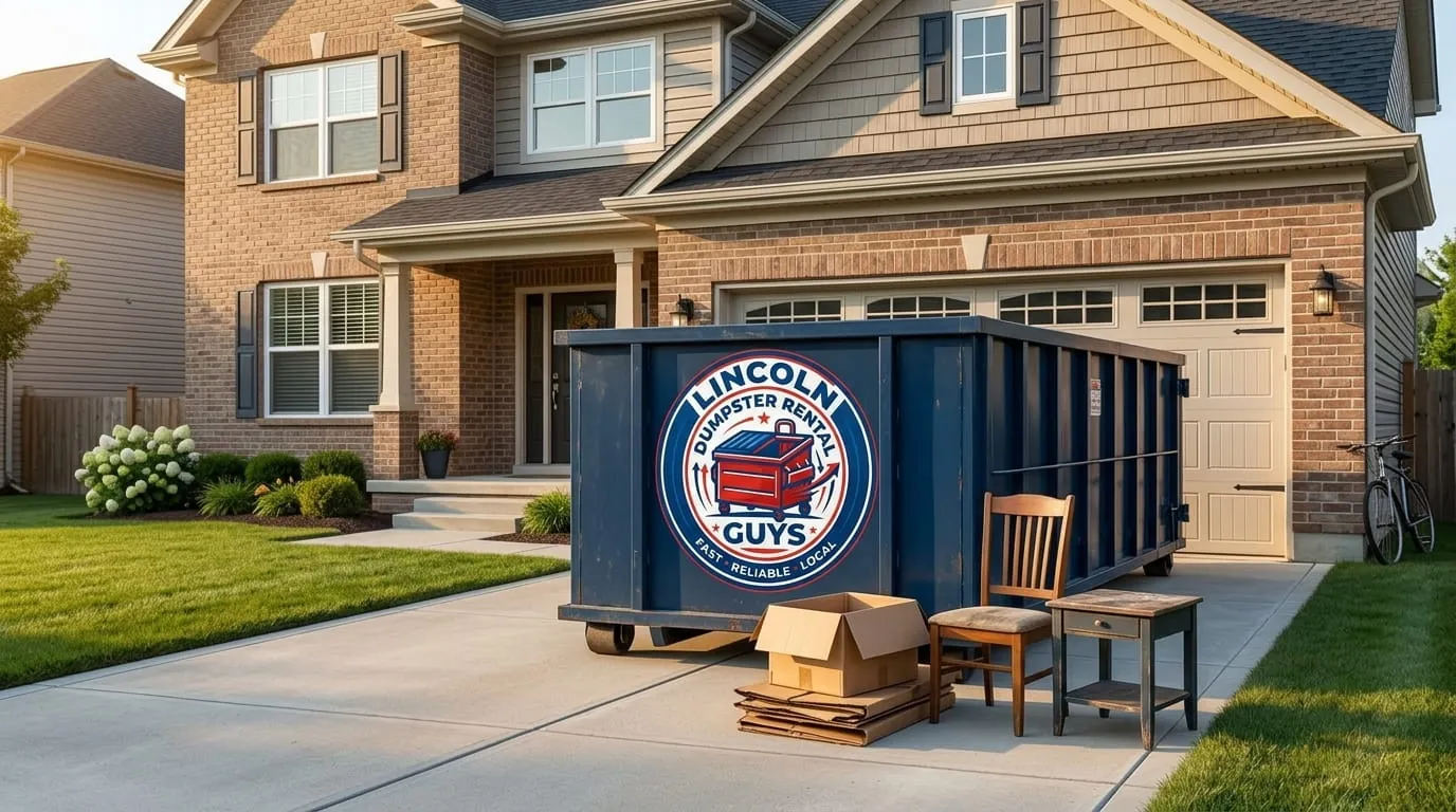 Homeowner clearing junk into a dumpster during a Lincoln NE cleanout
