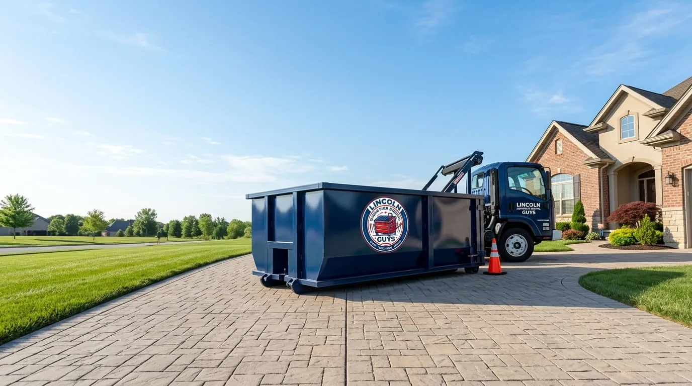 Roofing dumpster rental in Lincoln, NE Roll-off dumpster on a driveway ready for a roofing tear-off in Lincoln, NE